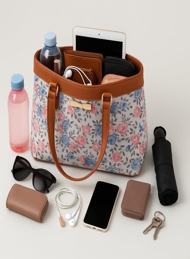 TYPIFY® Elegance Collection Women's Floral Print Tote Handbag, Faux Leather with Brown Trim, Pink and Blue Roses Pattern, Metal Bow Detail | Spacious Shoulder Bag for Office, College & Daily Use |Gift - Image 3